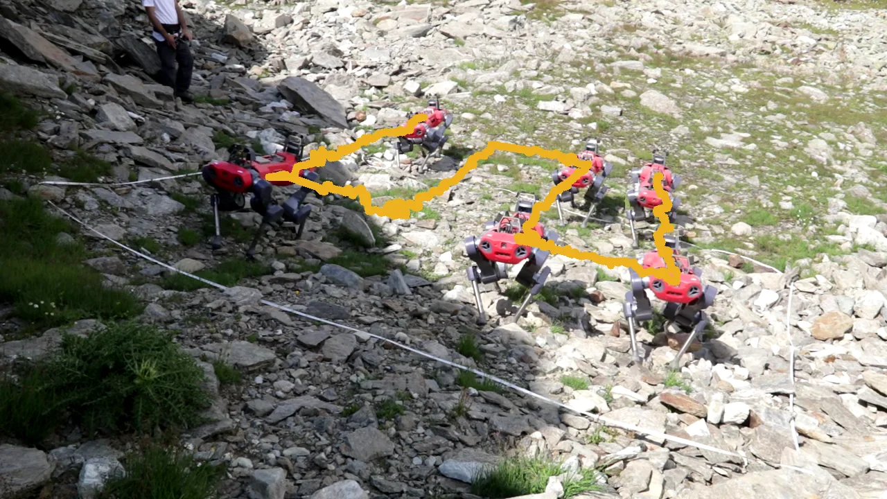 The path actually followed by the robot across the plot, with several snapshots of the robot superimposed along it.