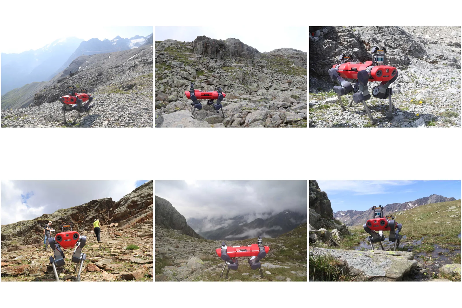 Six photographs of the survey sites: loose stones, unstable boulders, obstacles, steep inclines, fog and rain, and grass-covered ground.