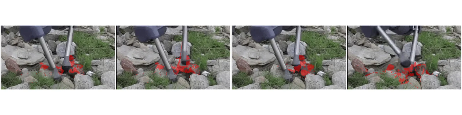 Four close-ups of the robot's foot on loose rock, with a red overlay marking the stones that shifted between consecutive frames.